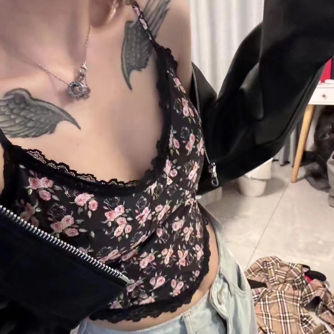 蕾絲花朵魚骨抹胸吊帶上衣女新款甜酷網紗背心性吊帶上衣