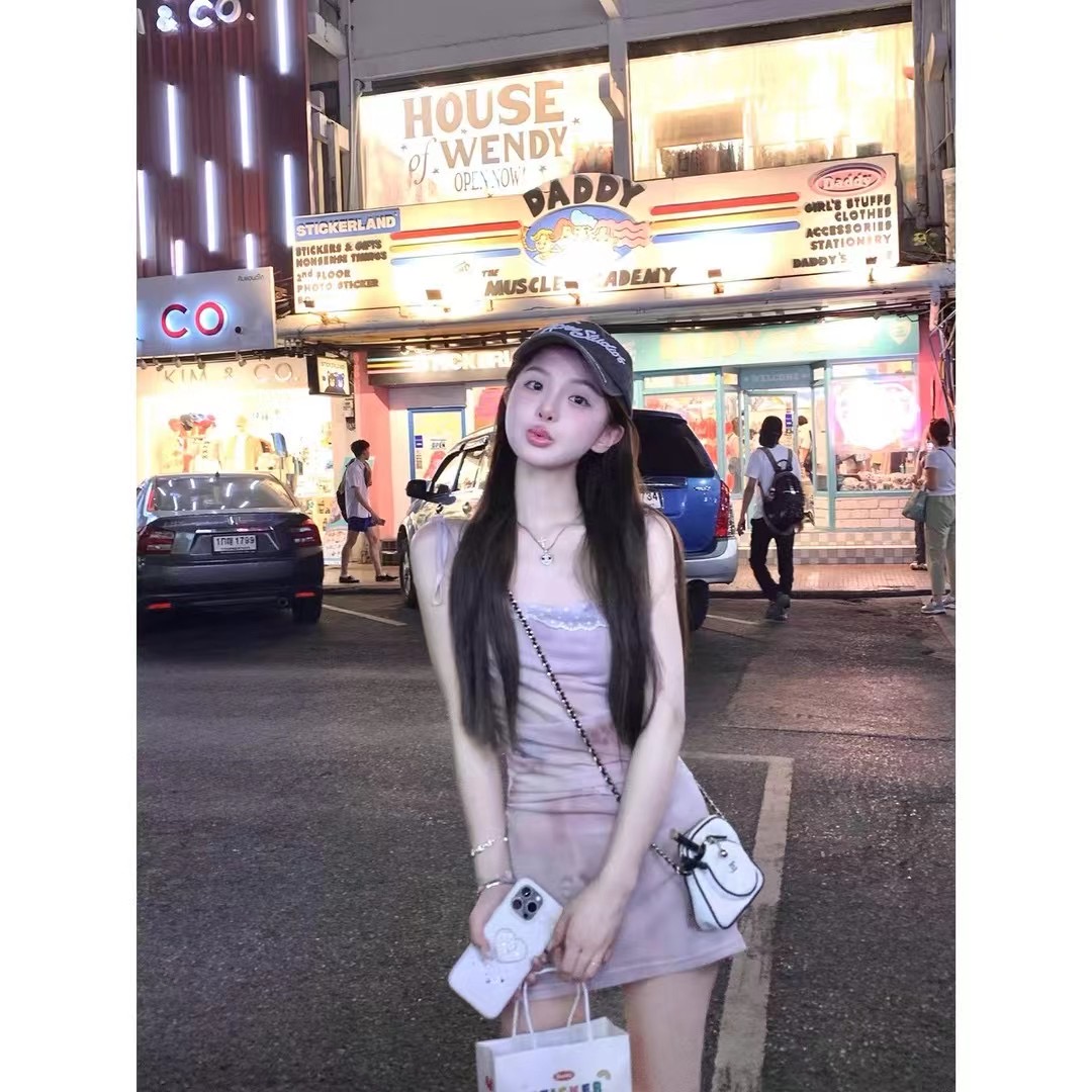 YUYUREAL 莓莓戀櫻 拼接印花蕾絲花邊吊帶綁帶連衣裙長短款