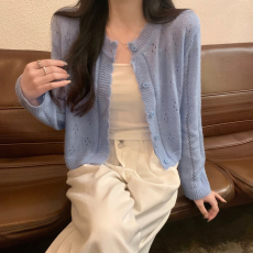 批发实拍实价 韩版百搭小众镂空复古针织开衫女上衣