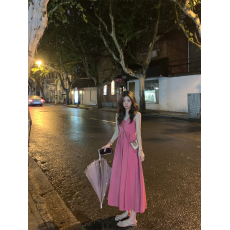 批发实拍实价#显白吊带裙玫红色交叉露背小个子高腰<b class='q'>连衣裙</b>度假风夏