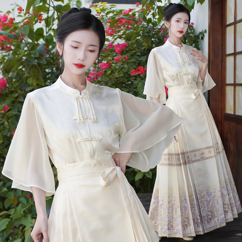 8501#实拍新中式夏款简约立领上衣改良一片式重工织金马面裙套装