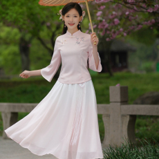 批发实拍新款中国风刺绣斜襟七分袖上衣雪纺大摆裙闺蜜亲子<b class='q'>套装</b>