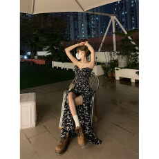 批发新款法式别致碎花<b class='q'>透明</b><b class='q'>肩带</b>连衣裙女内搭收腰开叉吊带黑色长裙子