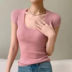 批发韩版低领短袖针织<b class='q'>打底衫</b><b class='q'>女</b>夏季薄款辣妹纯欲简约修身显瘦t恤上衣