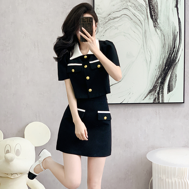 MY956# 夏季修身气质时尚小香风拼接上衣短裙两件套女裝貨源服裝批發