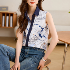批发实拍重磅锻面<b class='q'>真丝</b>无袖衬衫领2026年夏装时尚印花女<b class='q'>背心</b>上衣