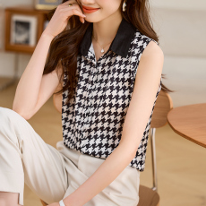 批发实拍重磅锻面<b class='q'>真丝</b>无袖衬衫领2026年夏装时尚印花女千鸟格<b class='q'>背心</b>上衣