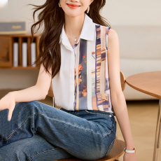 批发实拍重磅锻面仿<b class='q'>真丝</b>无袖衬衫领2026年夏装时尚印花女<b class='q'>背心</b>上衣