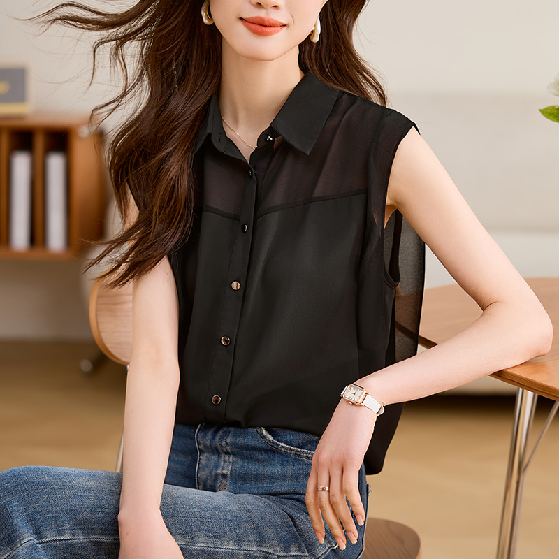 실사 고급 새틴 2026 새로운 여성 쉬폰 패치워크 조끼 셔츠 민소매 루즈핏 맨위