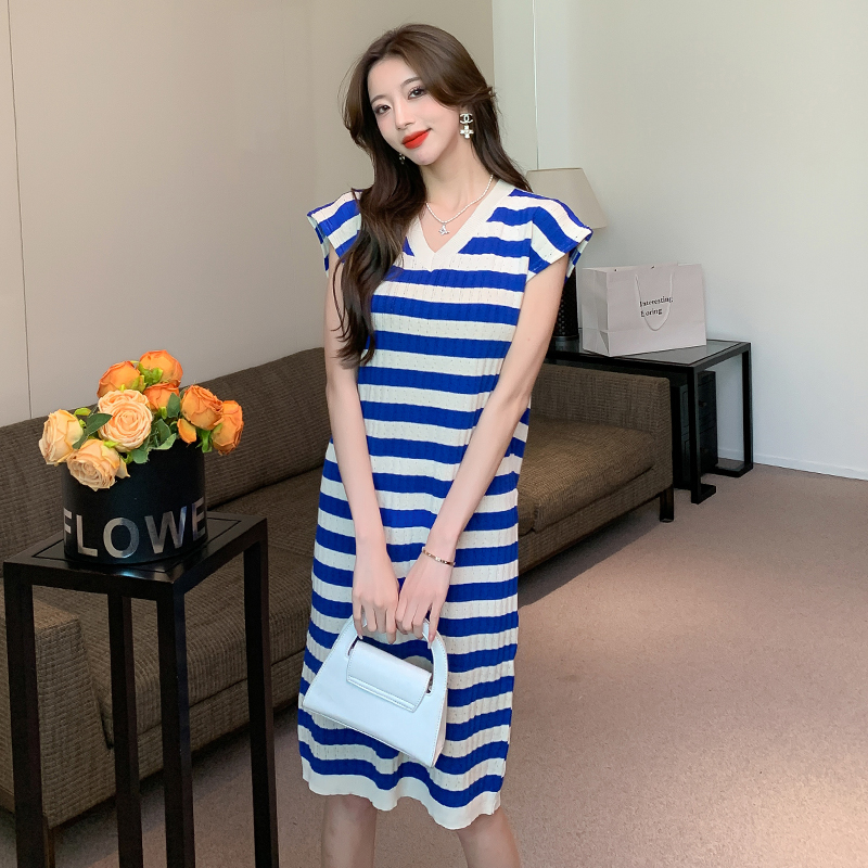 MY4832# 条纹针织连衣裙女V领气质高级感T恤裙长裙女裝貨源服裝批發