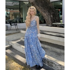 批发大码甜美露背碎花吊带裙<b class='q'>夏季</b>淑女三亚海边度假沙滩裙收腰及踝长裙