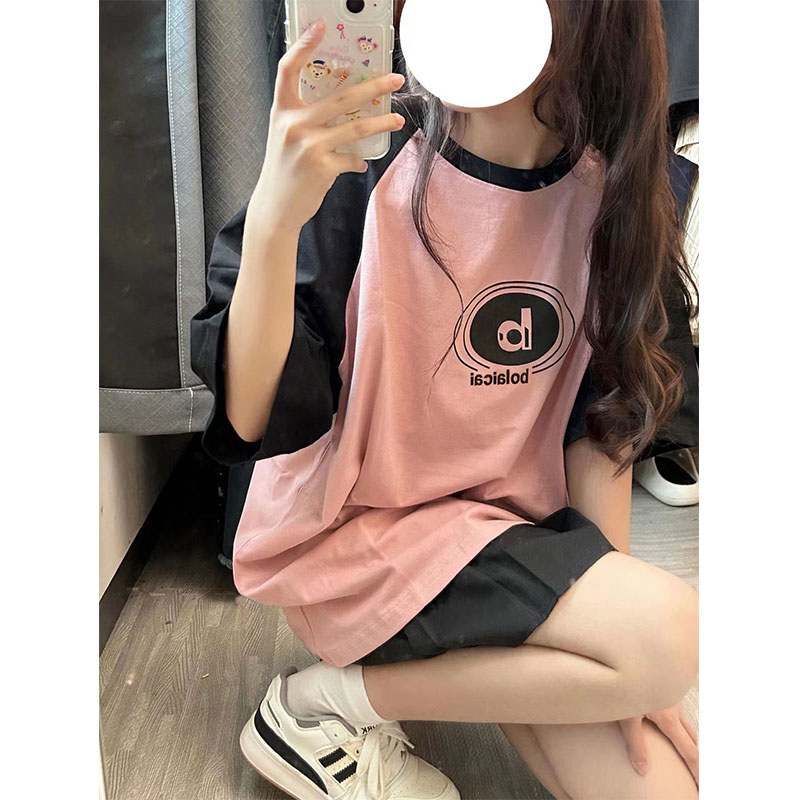 河北220g插肩袖100%棉 撞色拼色空白版短袖T恤女純棉M-3XL