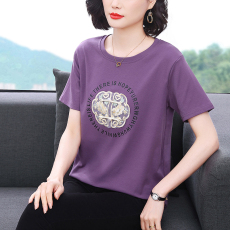 批发实拍 2026年夏季新款中年<b class='q'>妈妈</b>时尚气质复古风印花刺绣圆领短袖T恤