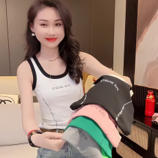 批发高弹背心女2026夏季新款拼色百搭字母印花修身无袖上衣内搭外穿潮