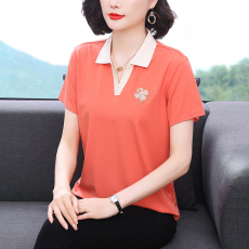 批发实拍2025年夏季新款中年<b class='q'>妈妈</b>休闲百搭半开领套头短袖刺绣T恤女