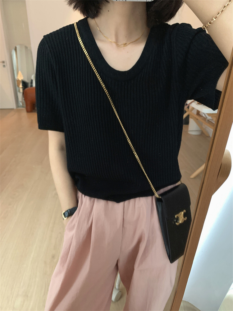 Basic round neck short-sleeved ice silk knitted women's slim commuting casual casual simple gentle pullover T-shirt top versatile