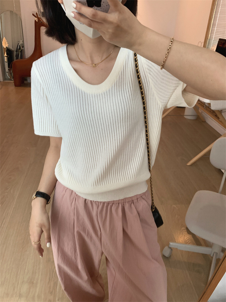 Basic round neck short-sleeved ice silk knitted women's slim commuting casual casual simple gentle pullover T-shirt top versatile