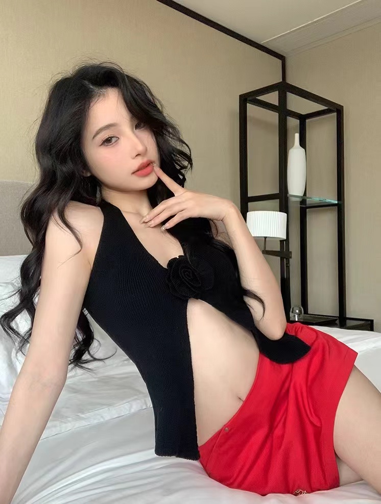 立體花朵針織掛脖吊帶背心女夏季v領甜辣妹性感紅色美背外穿上衣