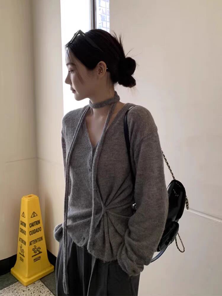 Korean chic spring simple temperament V-neck halter neck single-breasted loose and versatile long-sleeved sweater top