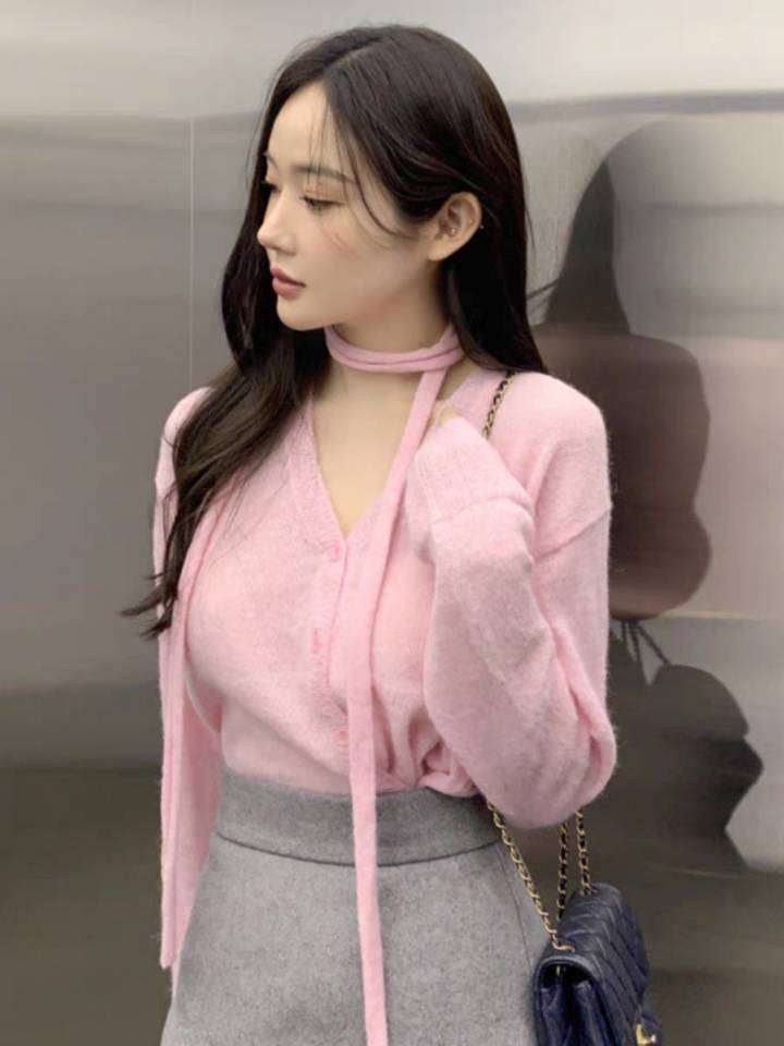 Korean chic spring simple temperament V-neck halter neck single-breasted loose and versatile long-sleeved sweater top