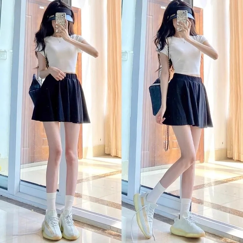 Dopamine pleated skirt women's summer new high-waist slim student versatile ice silk anti-exposure skirt