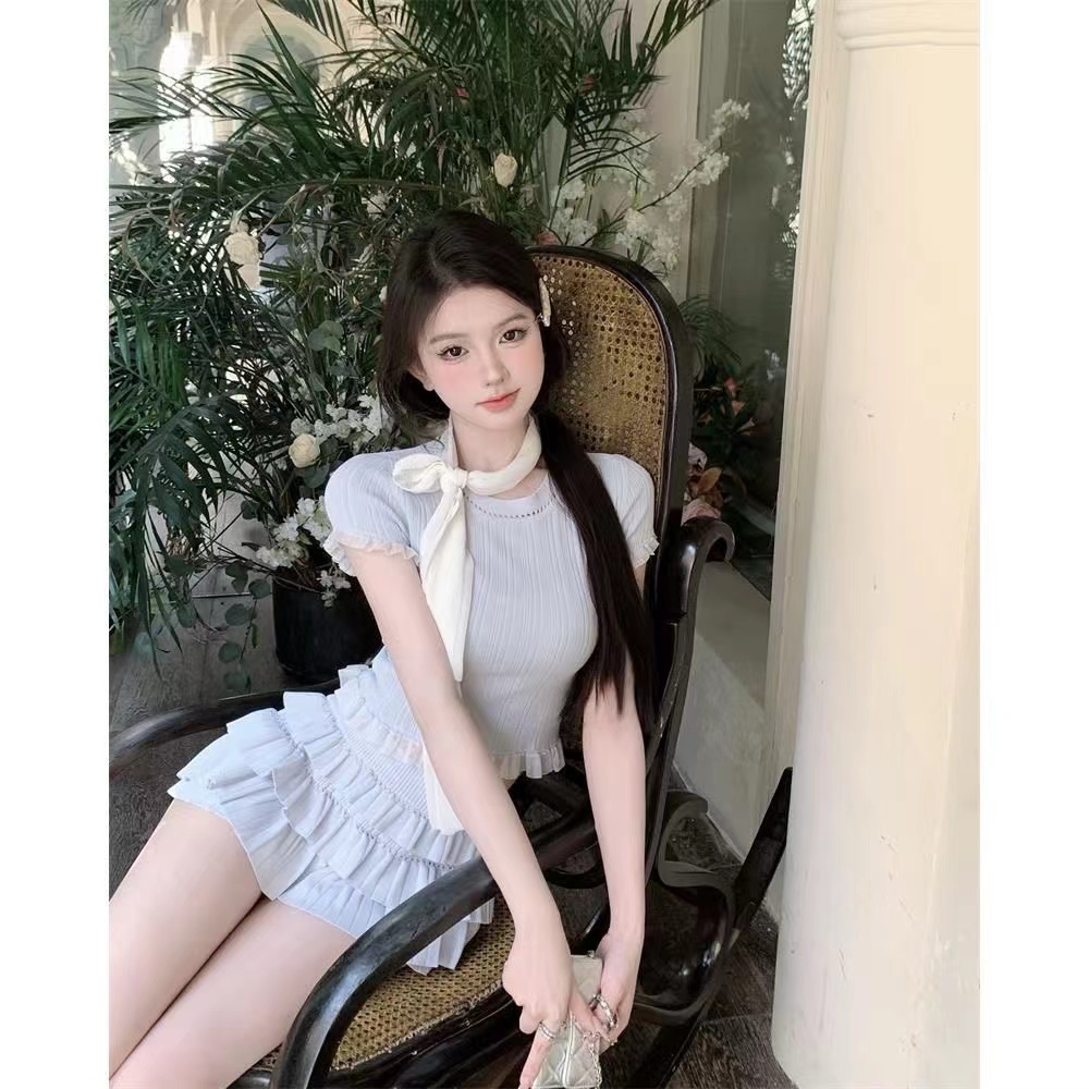 夏季針織背心修身短款短袖針織衫新品港味純欲風少女感花邊針織女