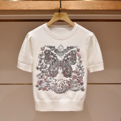 24 early spring new heavy industry butterfly garden pattern embroidered knitted short-sleeved top