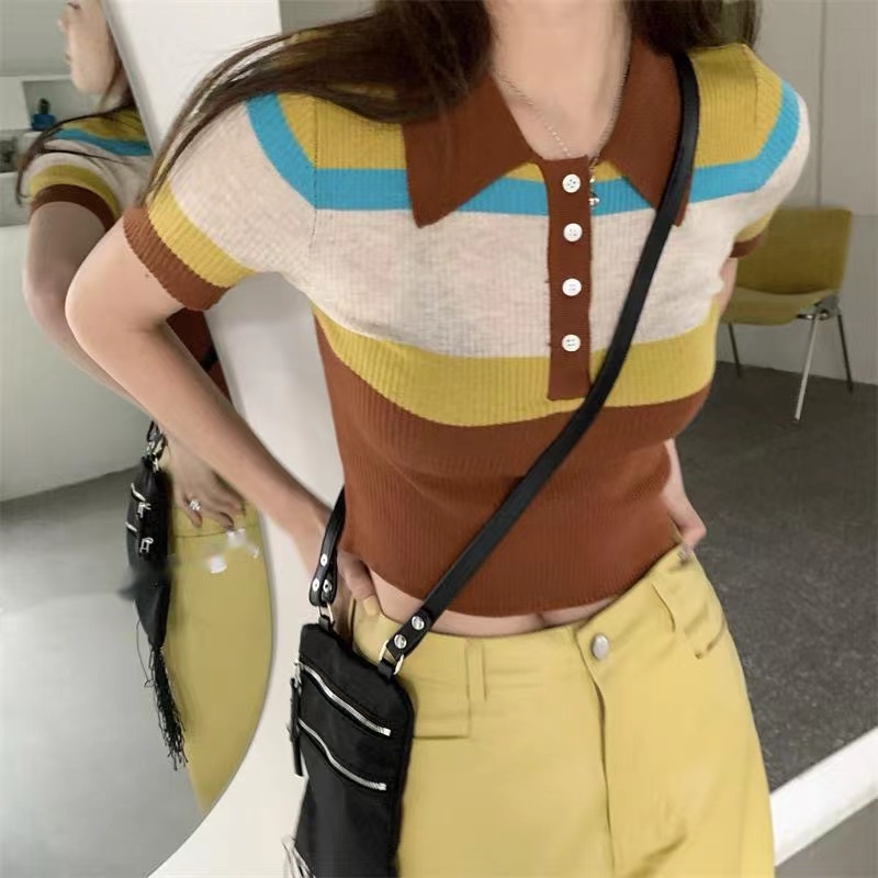 polo衫女夏季撞色條紋設計感小眾別致復古港味chic短袖t恤短上衣