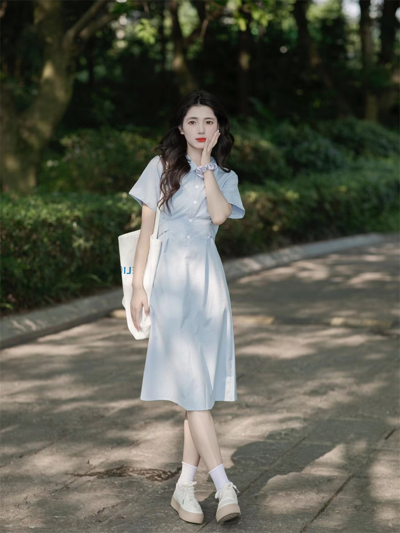 茶歇法式桔梗復古溫柔風氣質高級感polo襯衫式連衣裙子女2024夏季