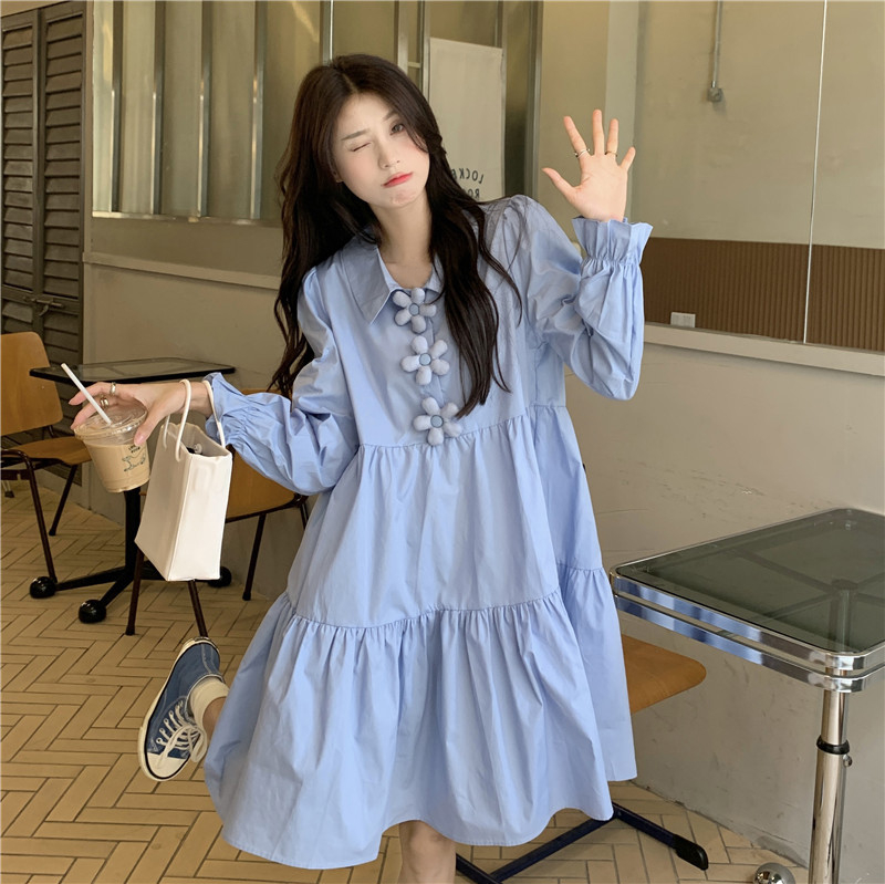 Blue long-sleeved shirt dress women's spring 2024 new style French first love petite chic milky sweet skirt...