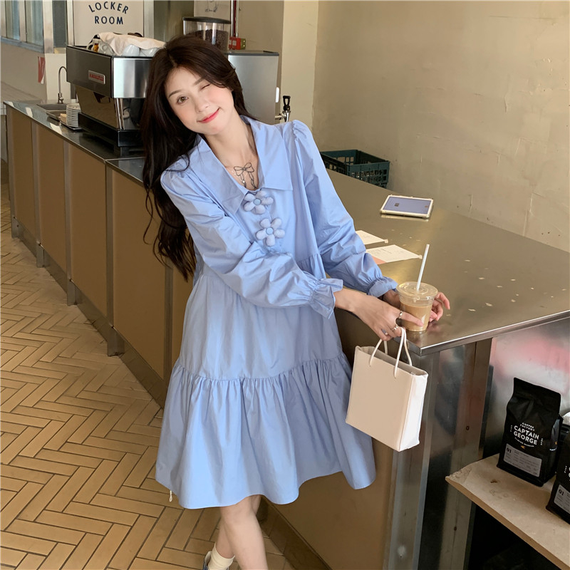 Blue long-sleeved shirt dress women's spring 2024 new style French first love petite chic milky sweet skirt...