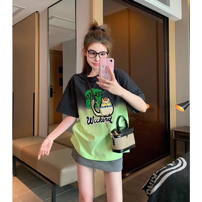 扎染漸變純棉短袖t恤女2024新款春夏季歐貨小個子內搭打底衫上衣