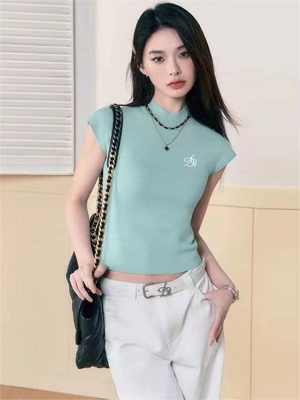 ins休閒無袖撞色刺繡條紋半高領針織衫女夏美式修身顯瘦辣妹上衣