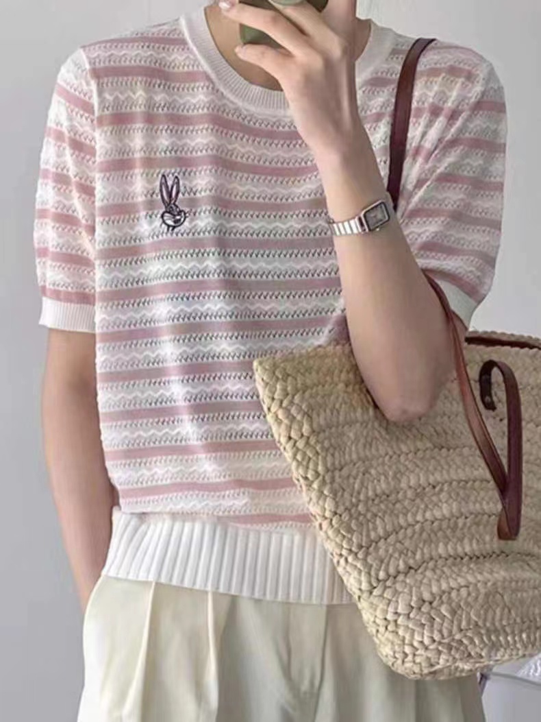 刺繡條紋圓領冰絲針織衫女夏季新款洋氣百搭薄款短袖T恤上衣