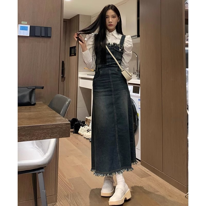 牛仔背帶疊穿連衣裙女春季新款設計感法式小眾收腰顯瘦別致長裙子