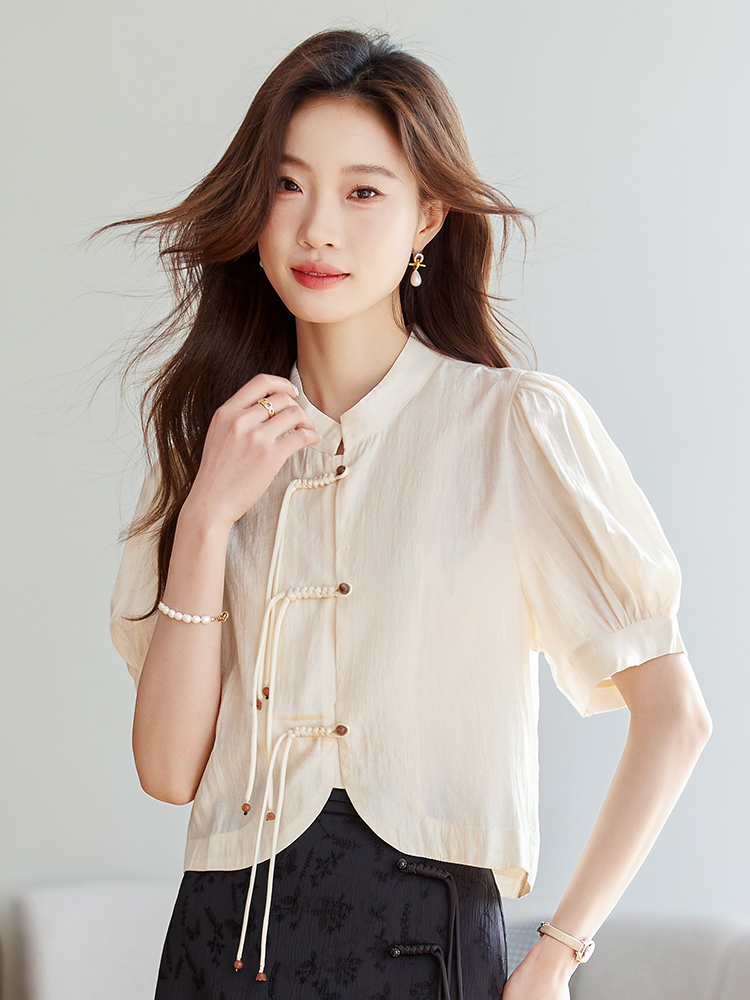 新中式盤扣上衣女裝2024夏季國風復古設計感小眾白色短袖襯衫