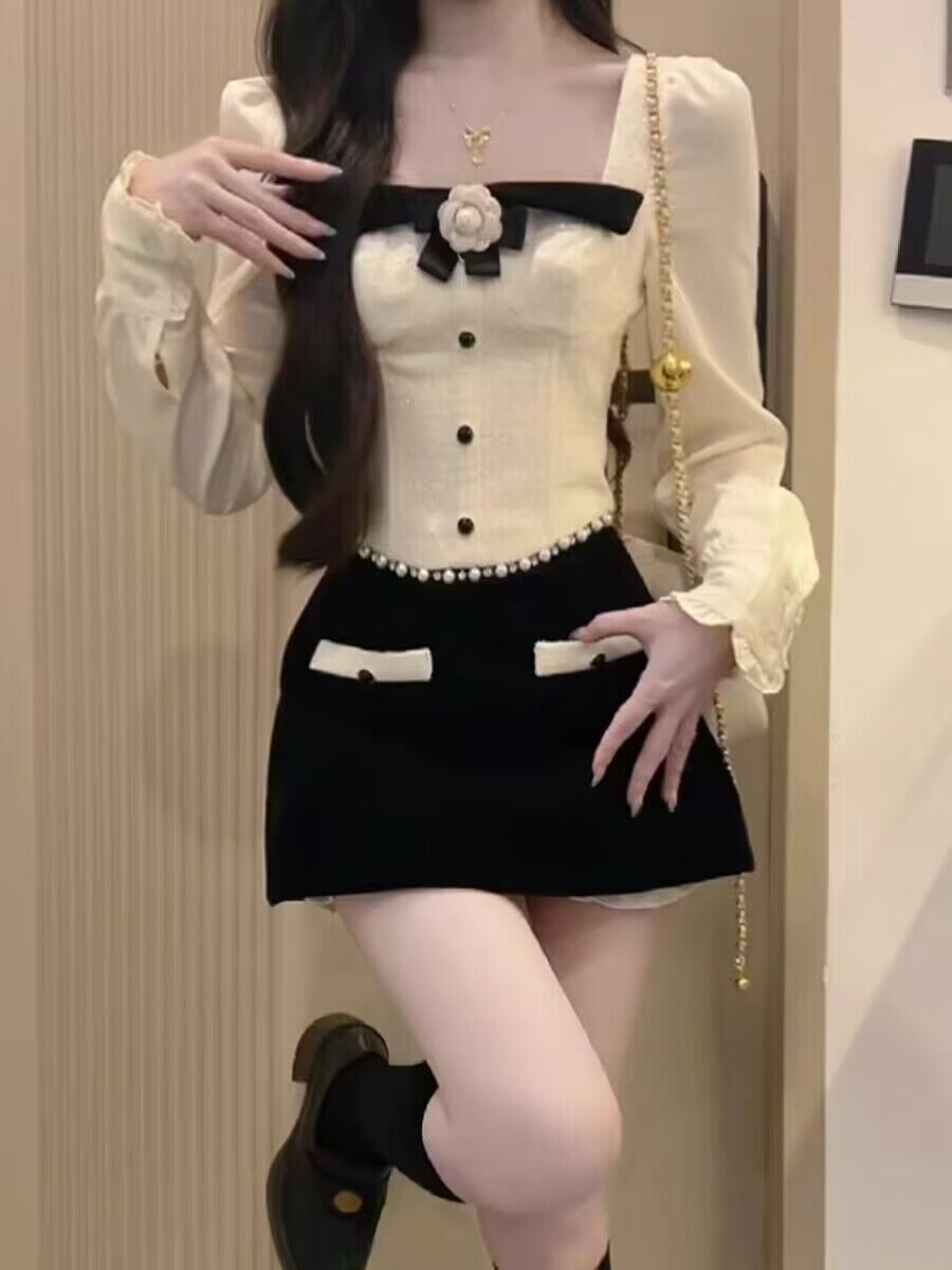 早春季小香風套裝女高級感氣質長袖上衣半身短裙小個子穿搭一整套