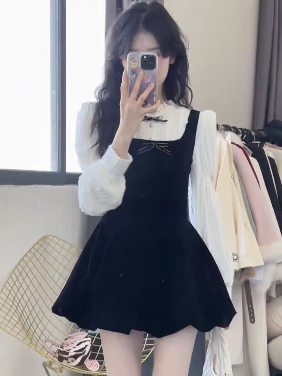 法式千金小個子設計感蝴蝶結套裝女春秋氣質碎花吊帶連衣裙兩件套