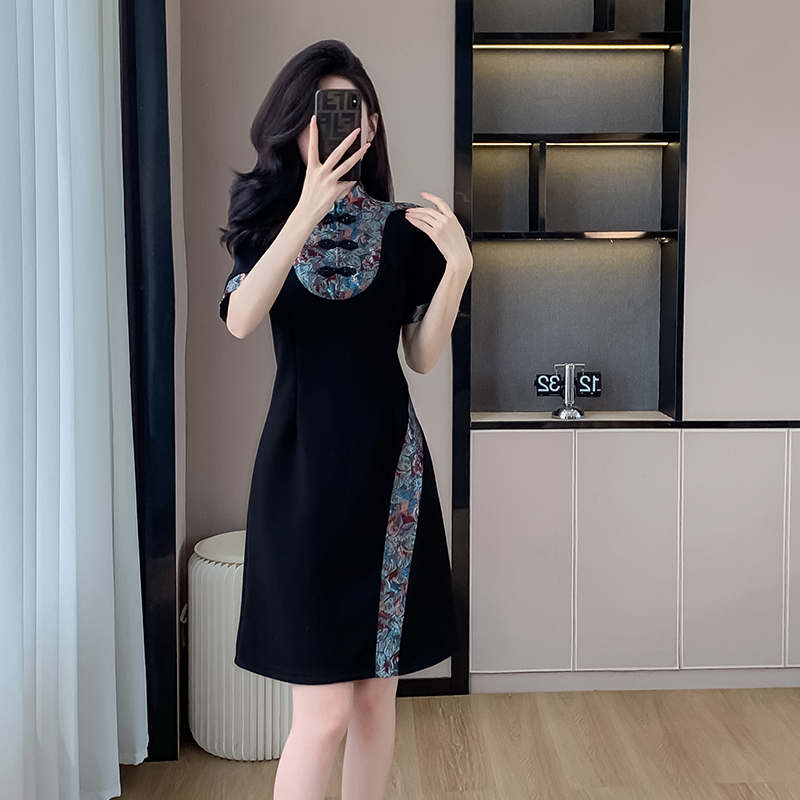 PF5629#黑色新中式连衣裙女夏季 新款休闲显瘦气质设计感超好看T恤裙女...