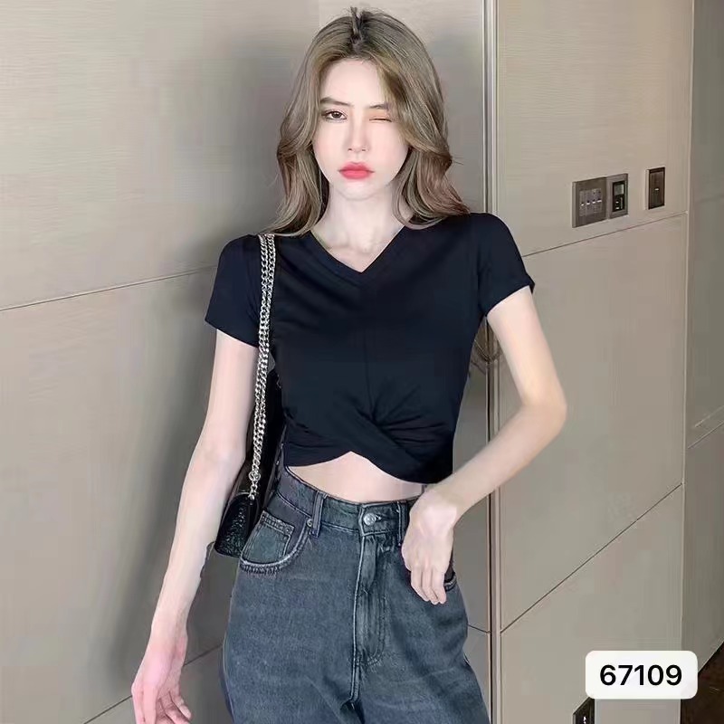 短袖t恤女裝年新款夏短款露臍上衣V領設計感小眾