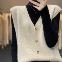 2024春秋新款V領羊絨開衫女士馬甲無袖寬鬆坎肩背心上衣外穿