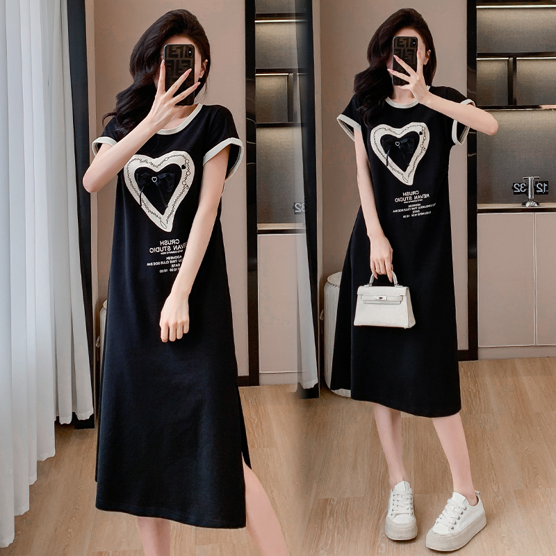 RY585#优雅显瘦设计感2026夏季撞色圆领短袖法式时尚休闲收腰T恤连衣裙