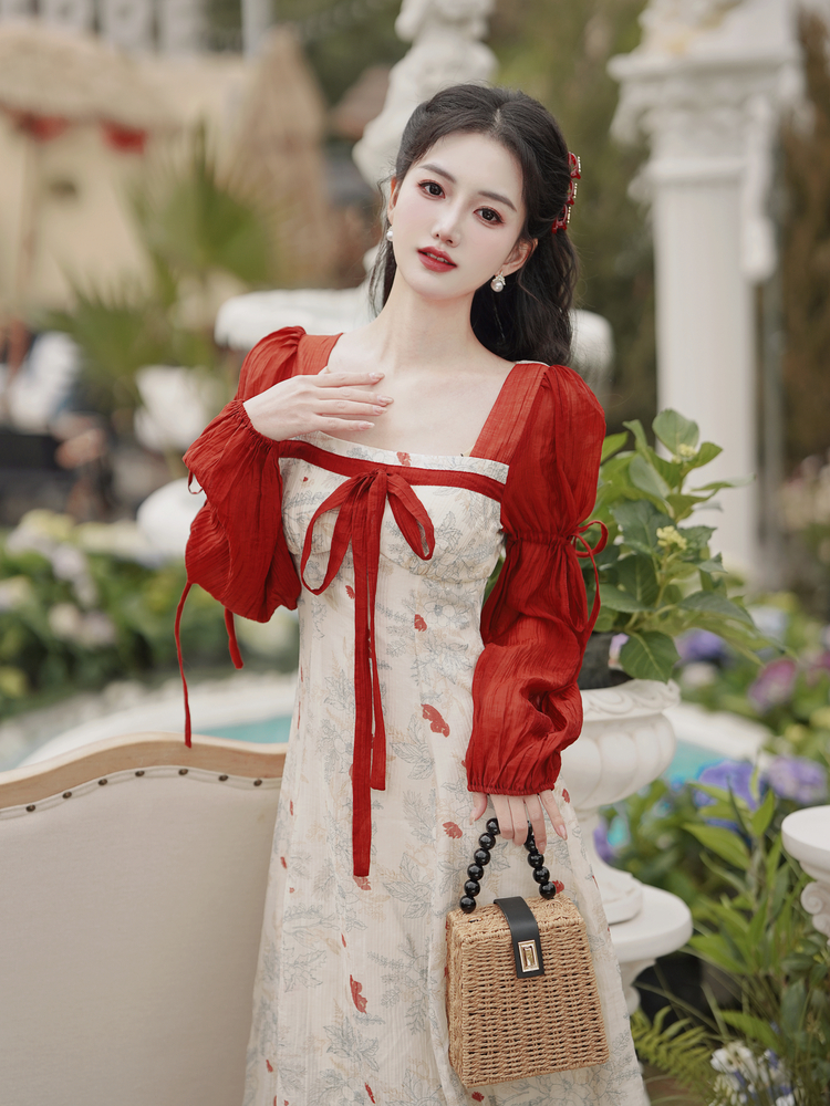 실사 가을 새로운 중식 배색 프린트 개선 한푸 드레스 켜기 랙 40