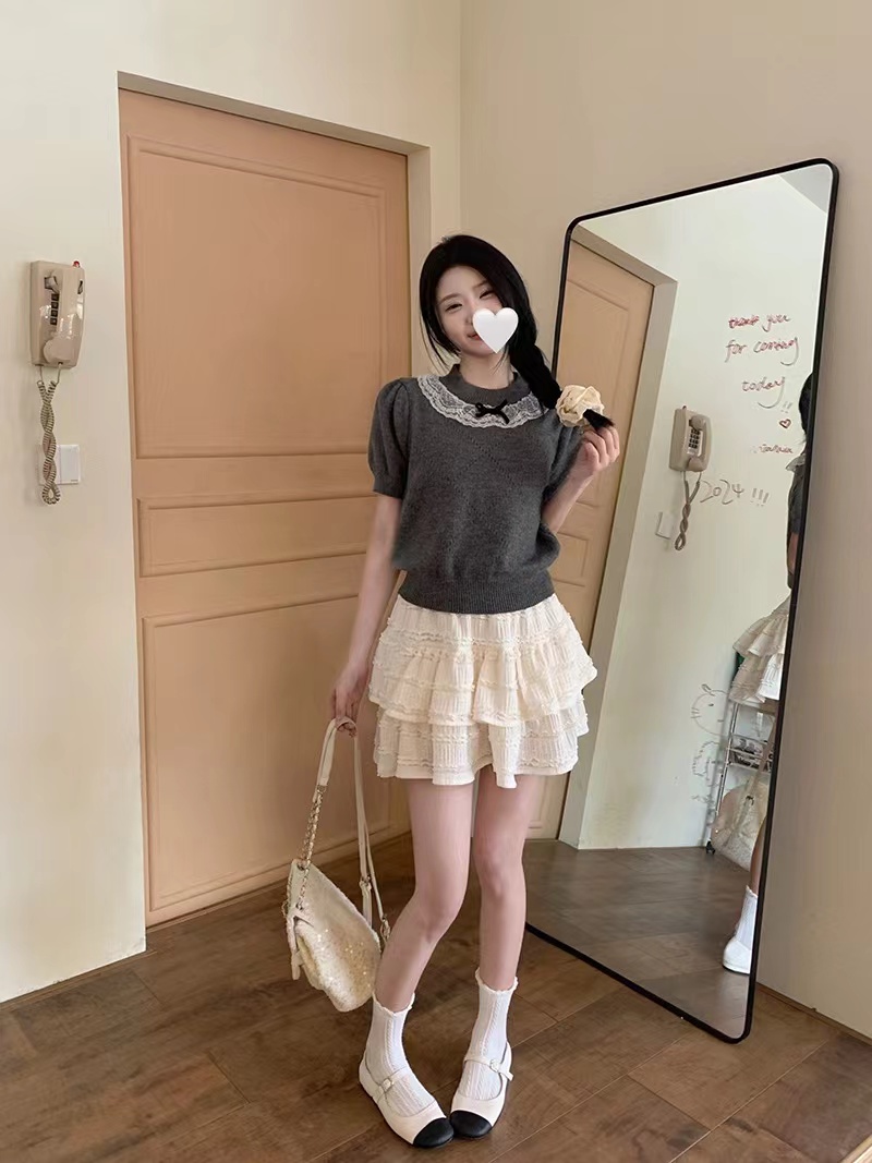韓系氣質網紅短袖2024新款修身顯瘦簡約減齡甜美短款圓領針織衫女