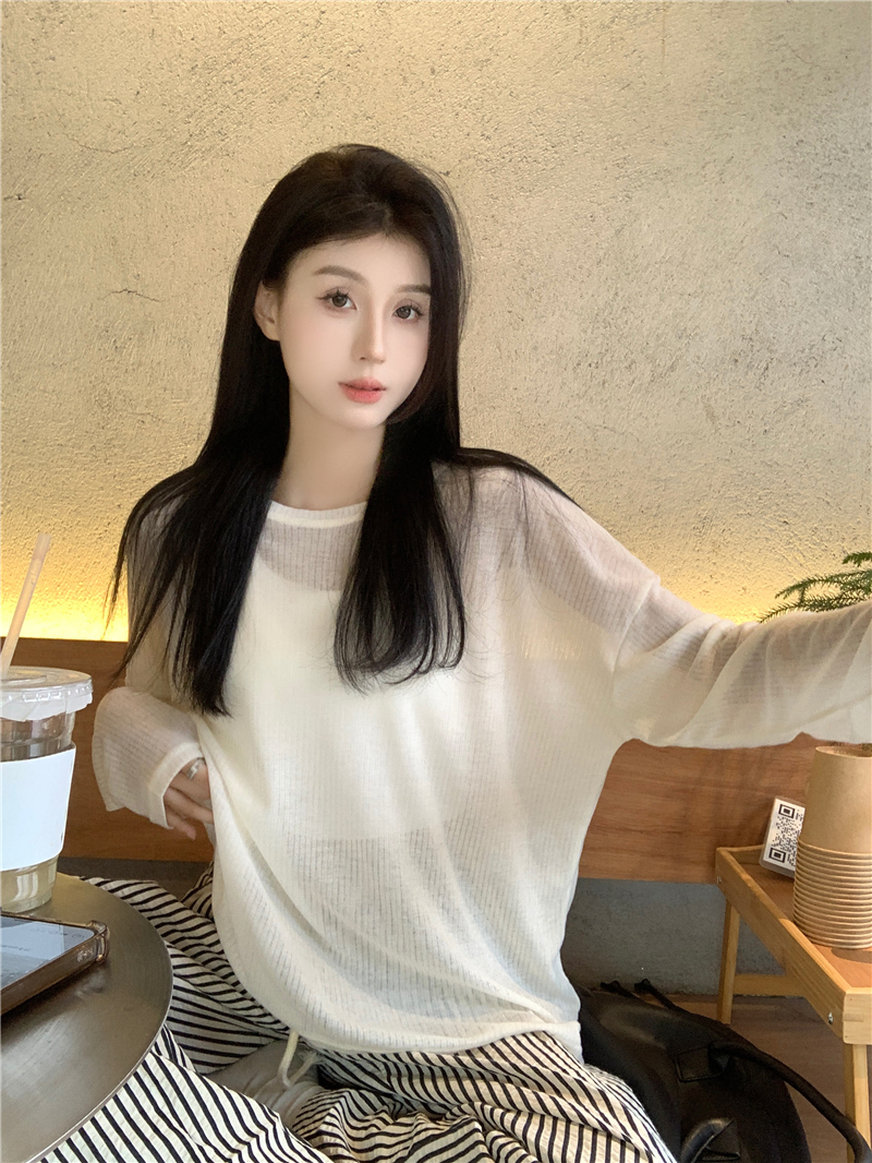 실사 얇은 스타일 자외선 차단 라운드 넥 긴팔 루즈핏 슬림해 보이는 블라우스 맨위