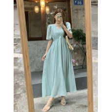 批发实拍大码女装春夏新款气质v领<b class='q'>连衣裙</b>胖MM<b class='q'>高腰</b>显瘦长款洋气A字裙