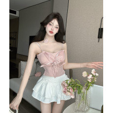 批发实拍超仙蝴蝶结缎面吊带甜美带胸垫小众上衣高腰蓬蓬半裙一整套