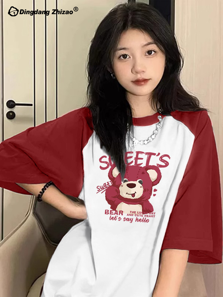 河北220g插肩袖100%棉 撞色拼色空白版短袖T恤女純棉M-3XL