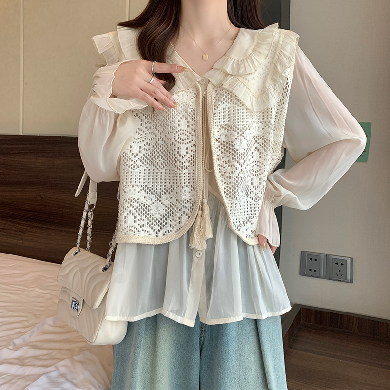 PF20557#大码女装新款胖mm气质蕾丝镂空宽松上衣马甲显瘦套装女裝貨源服裝批發