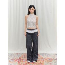 批发坂卜Bambu <b class='q'>双层</b>蕾丝花边<b class='q'>雪纺</b>白色波点小衫女无袖挂脖短款小上衣